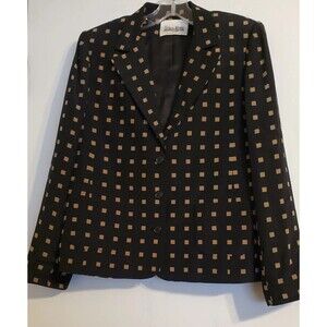 David Hayes For Neiman Marcus Black W/ Beige Square Pattern Silk Blazer Jacket